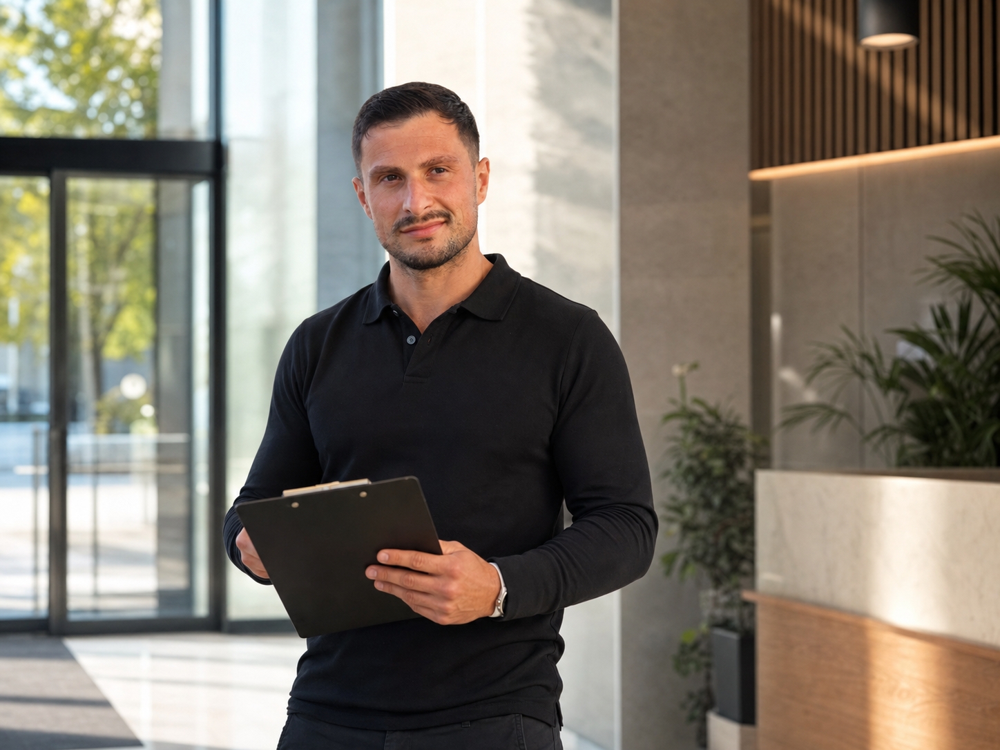 Mission-Sauber-Mitarbeiter mit einem Clipboard